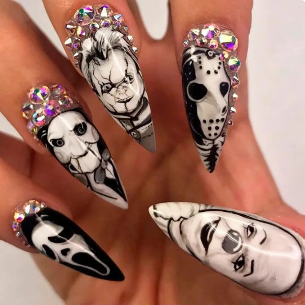 Nail Art Vampire - 24 قطعة لامعة طويلة اللوز هالوين